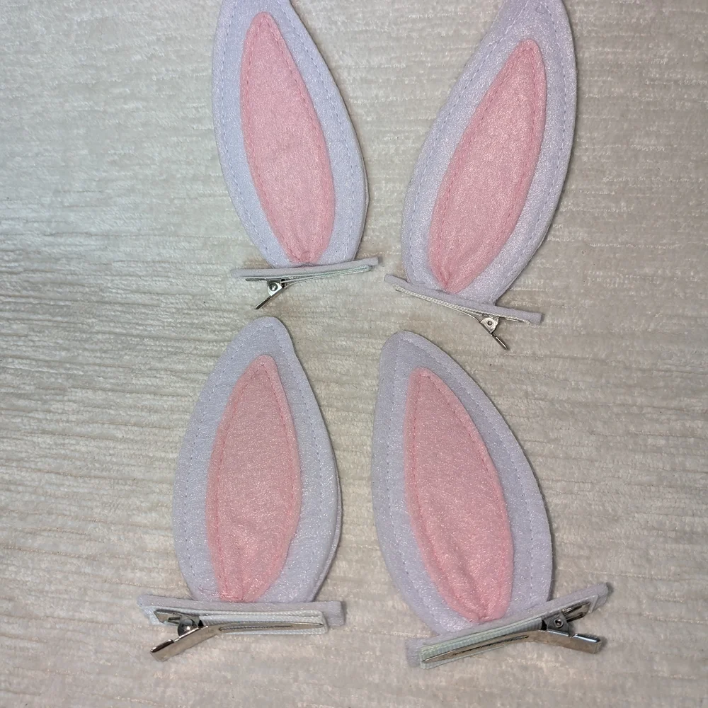 Hair Clips, 2 Pair, Pink and White Bunny Ears Alligator Clip Style, EUC